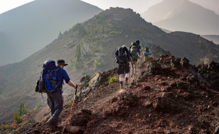 A friend group are on the trekking trail